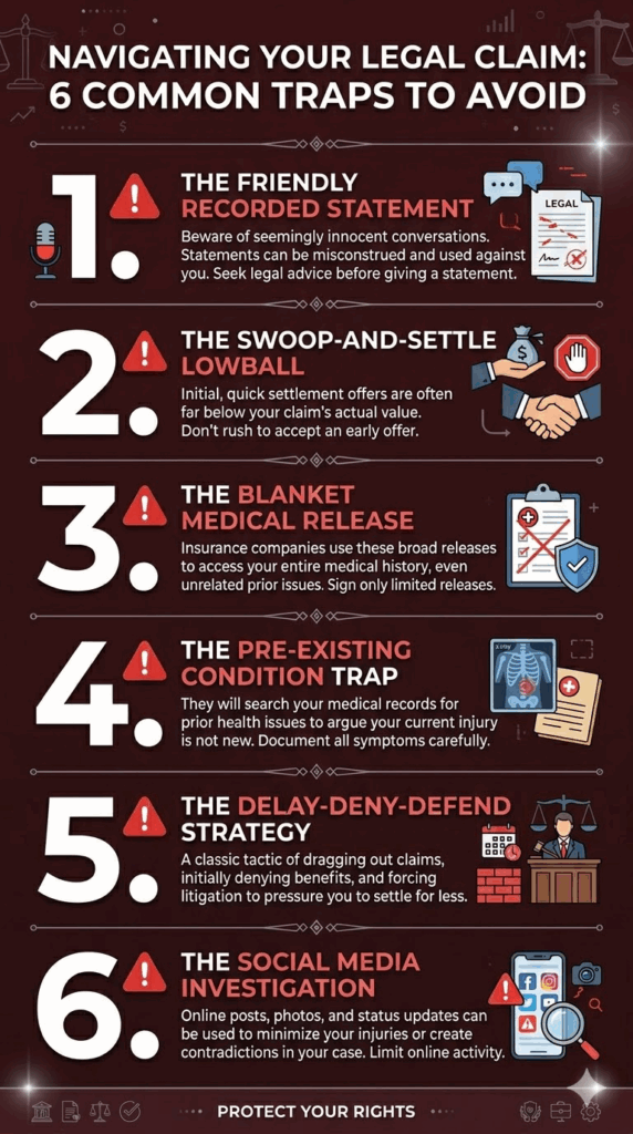 6 Insurance Adjuster Tactics Used to Deny Alabama Injury Claims (and How to Beat Every One) 1 Numbered infographic showing six insurance adjuster tactics used to deny personal injury claims.
