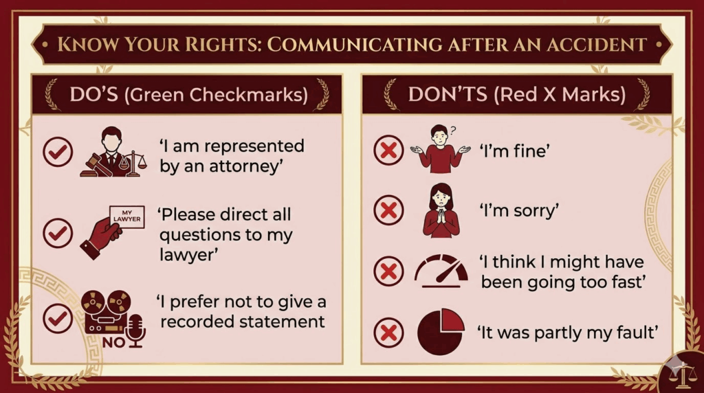 6 Insurance Adjuster Tactics Used to Deny Alabama Injury Claims (and How to Beat Every One) 2 Two-column comparison showing safe phrases versus dangerous phrases when talking to insurance adjusters.