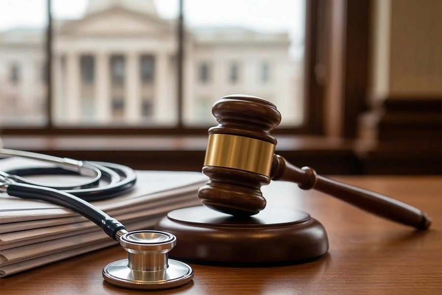 A wooden gavel and sound block sitting on a desk alongside a stethoscope and legal documents, with a courthouse blurred in the background.