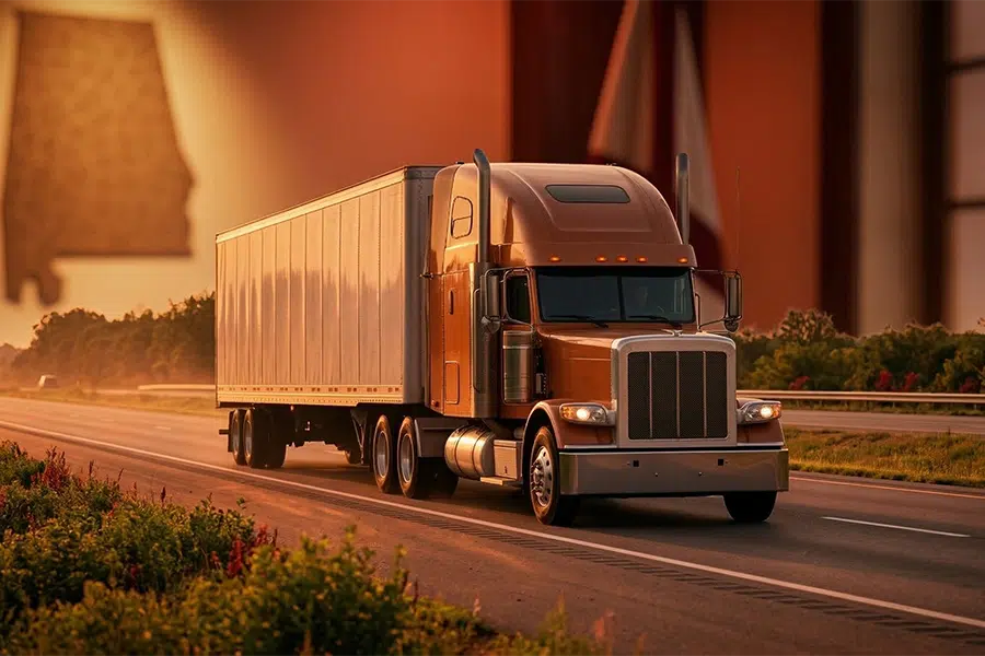 A semi-truck driving on a highway during sunset with the state of Alabama silhouetted in the background.