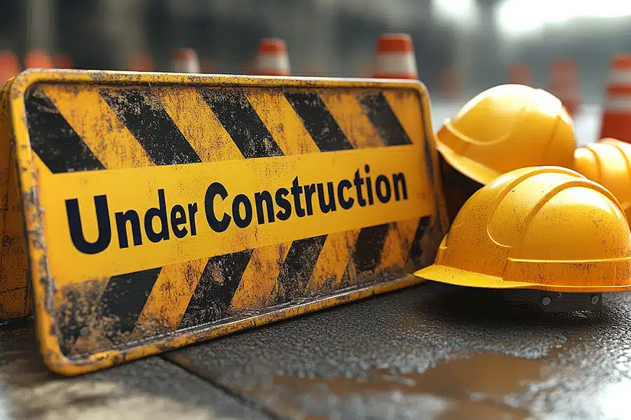 A yellow "Under Construction" barricade sign sitting next to yellow hard hats and traffic cones.