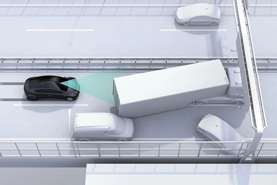 A digital illustration showing a black car using sensor technology to detect surrounding vehicles on a highway.