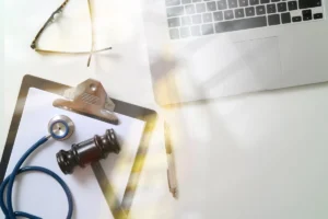 An overhead view of a desk with a stethoscope and gavel on a clipboard, a laptop, and eyeglasses.