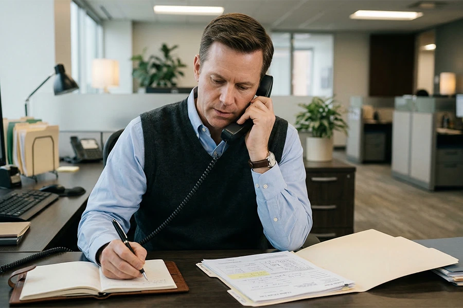 A man in a sweater vest speaking on a landline phone while writing in a notebook at his office desk.