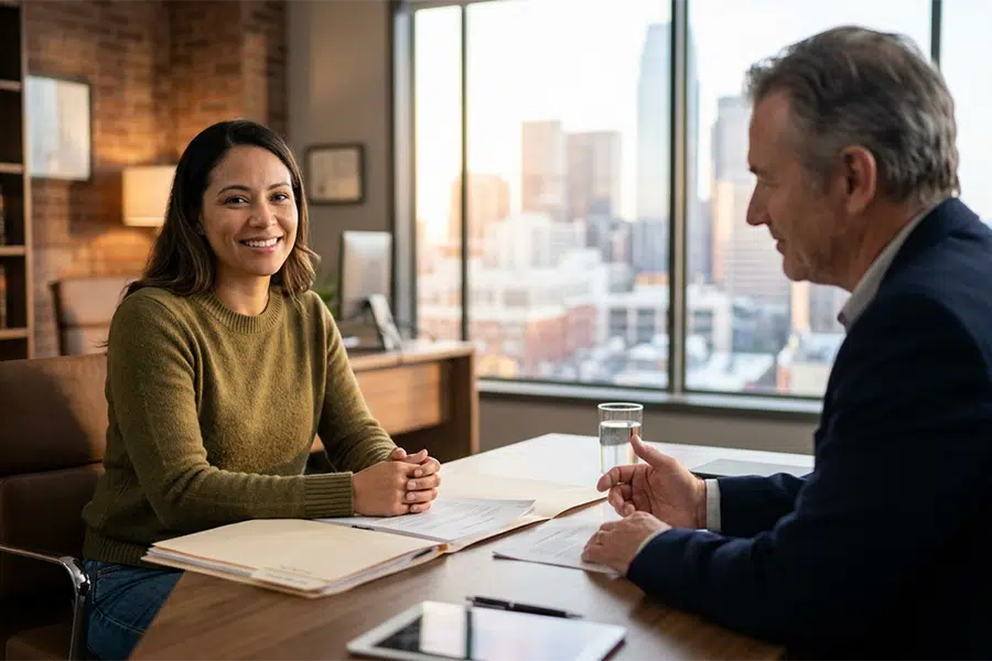 A smiling woman in an olive sweater sits across a desk from a man in a navy blazer during a meeting in a modern office with a city skyline view in the background.