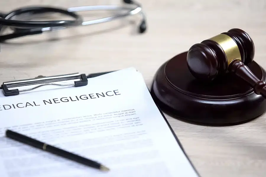 A document titled "Medical Negligence" on a clipboard next to a wooden gavel and a stethoscope.