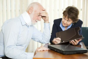 An elderly man wearing a neck brace holding his head in distress while sitting across a table from a woman in a suit holding a clipboard.