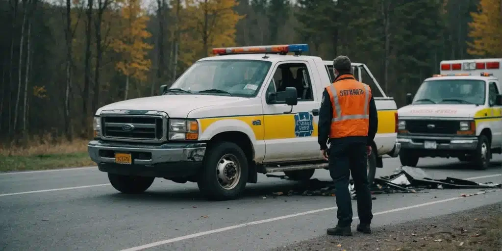 Emergency response personnel standing near white and yellow emergency utility trucks at a crash scene on a highway.