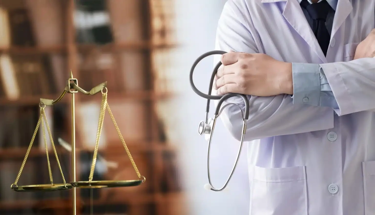 Golden scales of justice paired with a doctor holding a stethoscope.