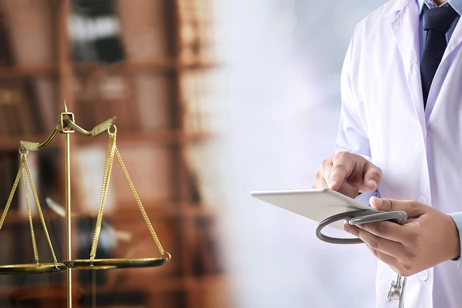 A medical professional holding a tablet and stethoscope juxtaposed with a brass scale of justice in a library background.