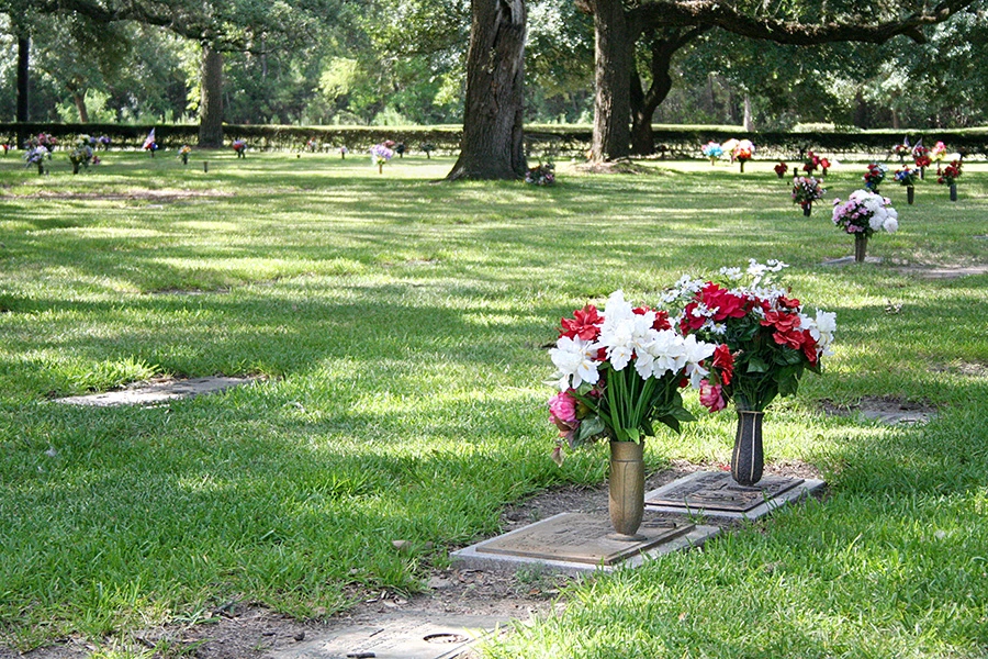 Vases of colorful flowers placed on flat headstones across a grassy cemetery lawn under mature shade trees.